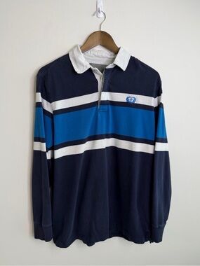Denver Hayes Rugby Shirt Navy Blue Striped Long Sleeve Heritage Preppy Large